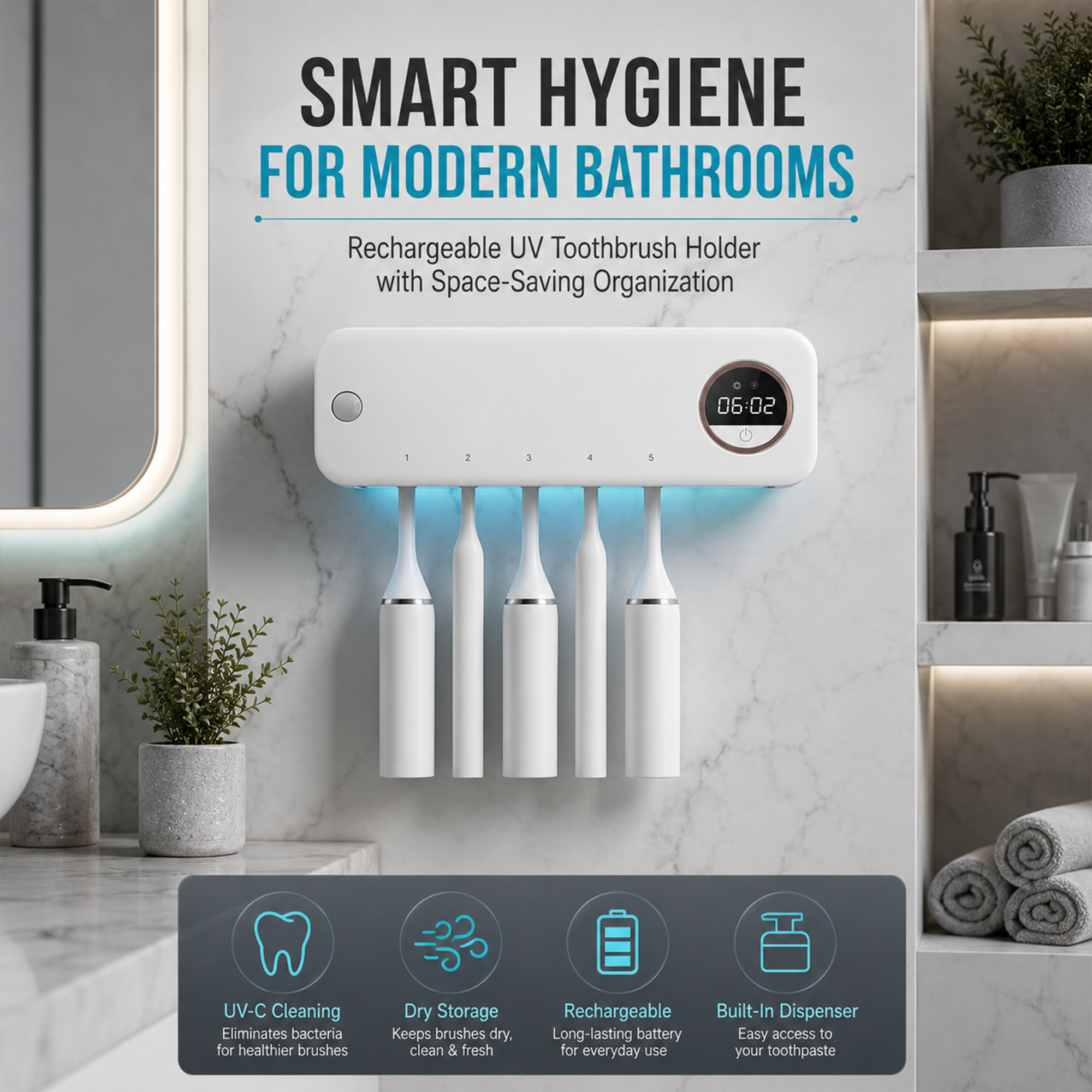 Suvaam Smart Tooth Brush UV Sterilizer Holder | Wall Mount