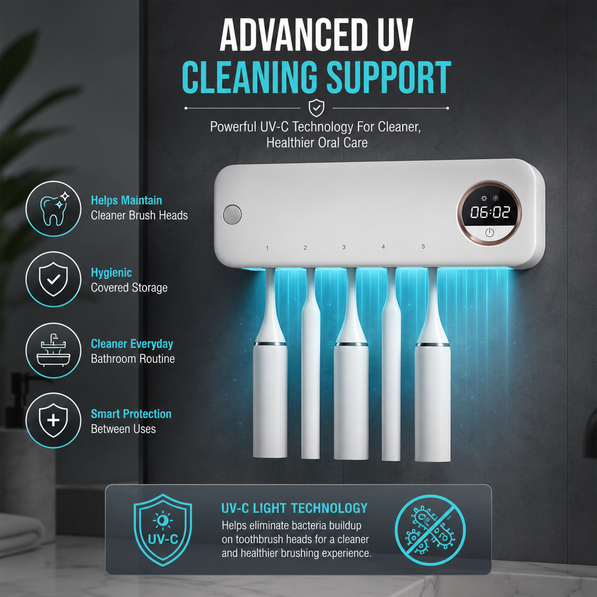 Suvaam Smart Tooth Brush UV Sterilizer Holder | Wall Mount