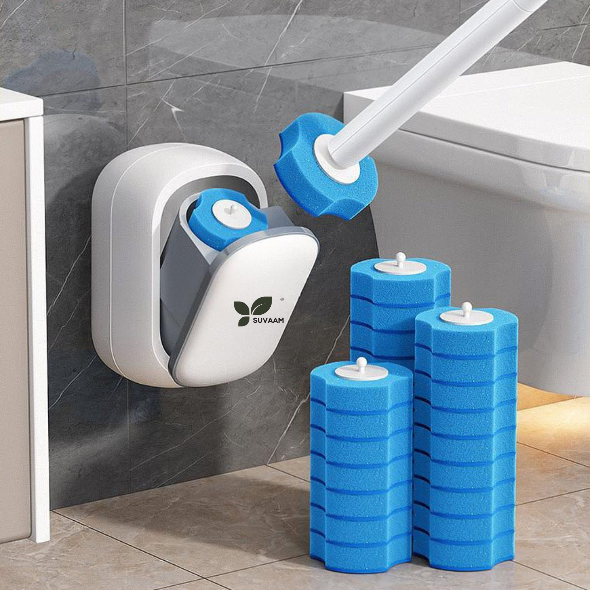 Disposable Toilet Cleaner Brush with 6 Brush Head Sponges Wall Mount