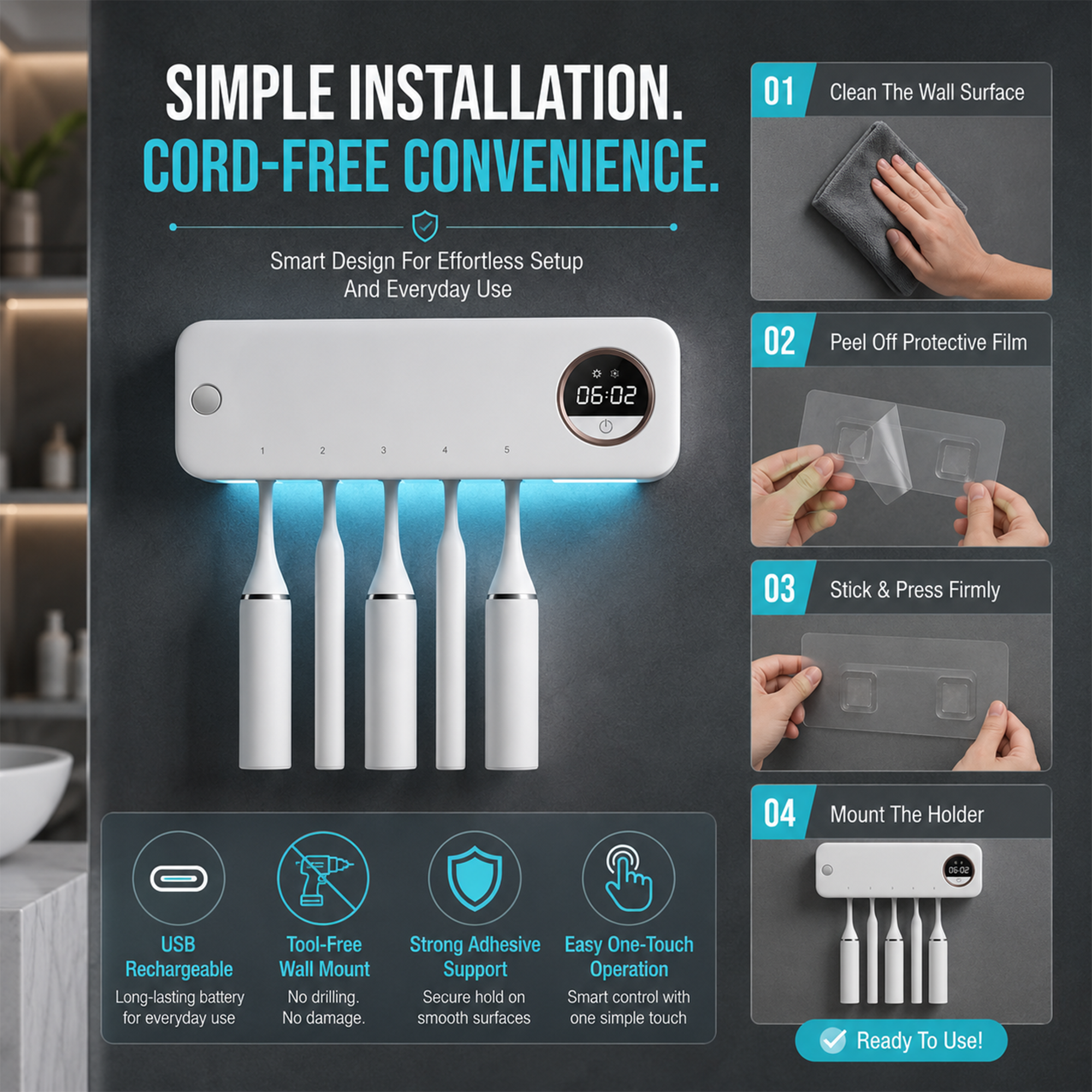 Suvaam Smart Tooth Brush UV Sterilizer Holder | Wall Mount